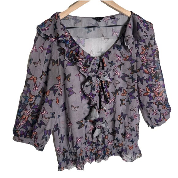 TED BAKER Sz 2 Small Purple Butterflies Ruffle Blouse 3/4 Sleeve Sheer Whimsical - Picture 6 of 13